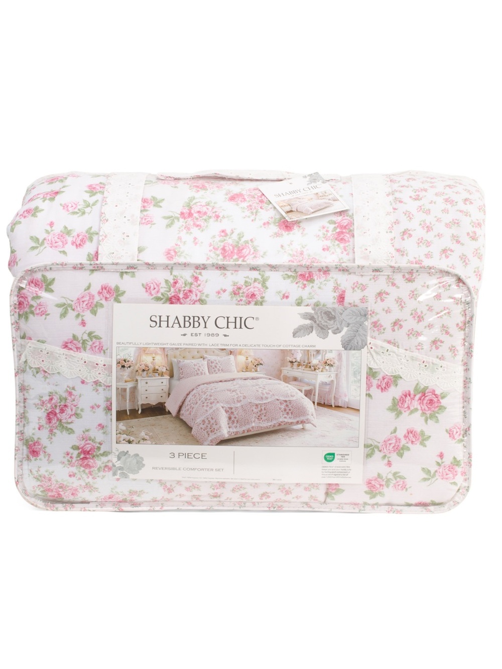 Shabby Chic Pink and White Rose Print Comforter Set king size